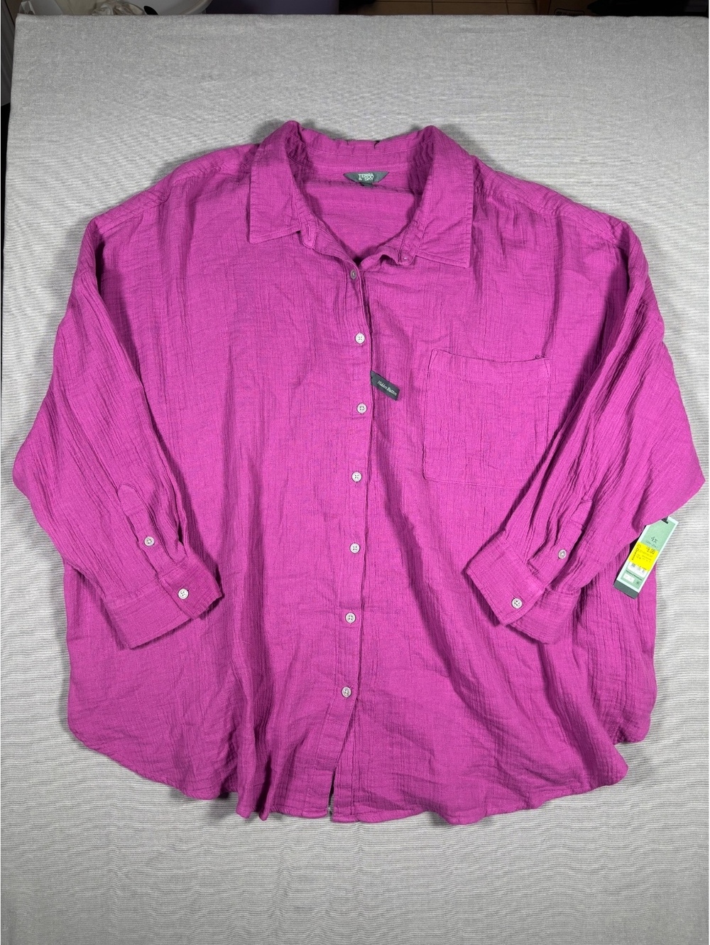 Terra & Sky Magenta Cotton Crinkle Gauze Button Down Shirt Plus Size 4X NWT